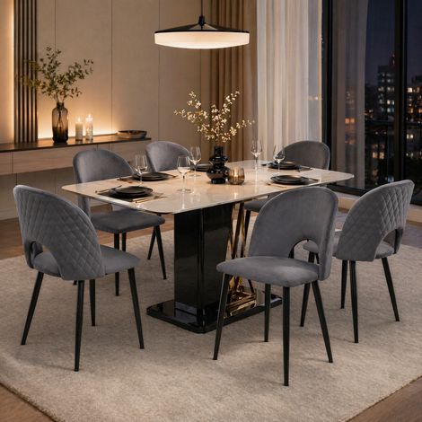 Set di 6 sedie da pranzo 47x44x84 cm in velluto grigio, piedini regolabili FloraGrace (1/5)
