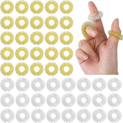 50 anillos de acupresión, anillos de masaje para los dedos para aliviar el estrés, masajear y estimular la circulación sanguínea (oro, plata) (1/5)