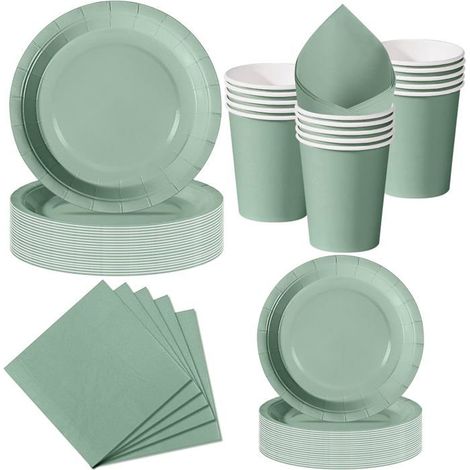 50 pièces, vaisselle jetable vert sauge, assiettes 23cm et 18cm, gobelets, serviettes, pour événements champêtres et brunchs