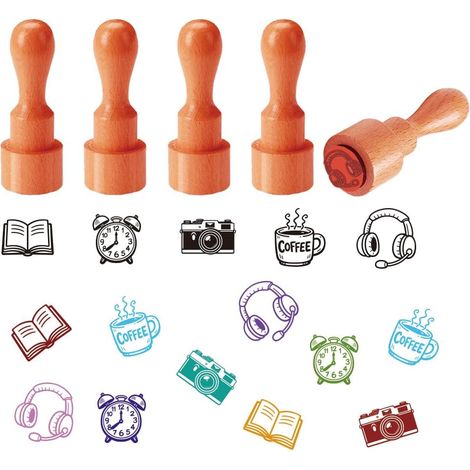 5 styles de mini tampons en bois et caoutchouc, petit livre, réveil, appareil photo, tasse à café, écouteurs, tampon pour bricolage, scrapbooking, cartes (1/5)