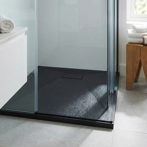 Essential 80x80 cm piatto doccia quadrato da appoggio SMC con superficie effetto pietra, nero (CERAES8080B) (1/4)