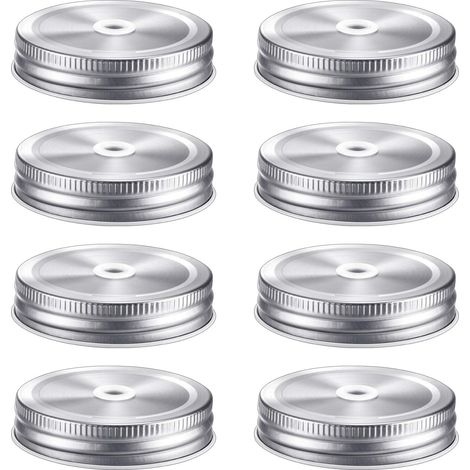 Lot de 8 couvercles métalliques à ouverture standard pour bocaux Mason, avec trou pour paille, étanches et réutilisables, 7 cm (argent) (1/5)