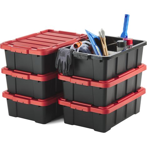 Iris Ohyama 6 Cajas de Organización de Alta Resistencia, 25L, Rojo, Compacto, Duradero, Apilable, para Garaje, Estantes, Mudanza, Plástico, Utilidad, Herramientas, DDSKT-230