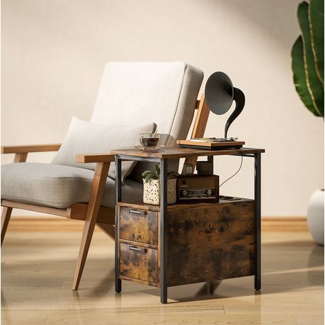 Table d'appoint avec station de charge, 2 tiroirs, port USB-C et prise, meuble compact pour salon ou chambre, finition brun rustique  CHICFURN (1/5)