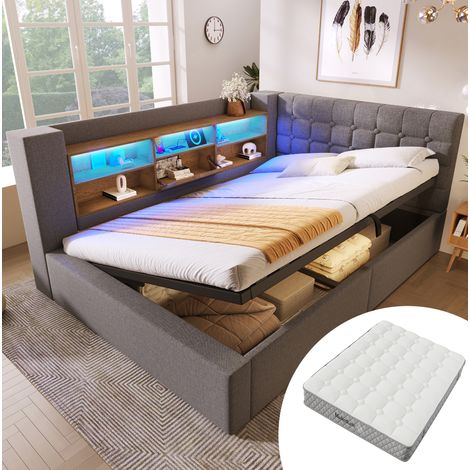 Cama canapé 140x200 cm con LED, cabecero en L, USB-C, colchón gris HAVRYA (1/5)