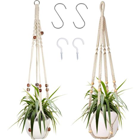 Suspension pour plantes d'intérieur en corde de coton blanche, 85 cm, avec perles en bois, pour décoration intérieure, sans crochets, 2 paires (1/5)