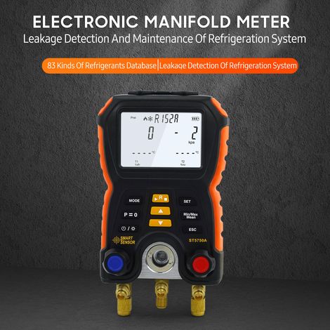 Manomètre électronique SMART SENSOR ST5750A pour systèmes de réfrigération, avec détection de fuites de pression et pince de test pour 83 types de fluides frigorigènes. Compatible avec climatiseurs et