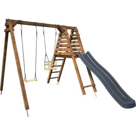 Portique en bois carré 2 agrès avec balançoire bébé et toboggan PRUNE (1/5)