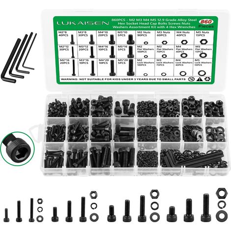 Assortiment de 860 vis métriques M2 M3 M4 M5 avec verrouillage et rondelles plates, alliage d'acier de qualité 12.9, écrous et boulons à tête hexagonale métrique avec 4 clés (1/5)