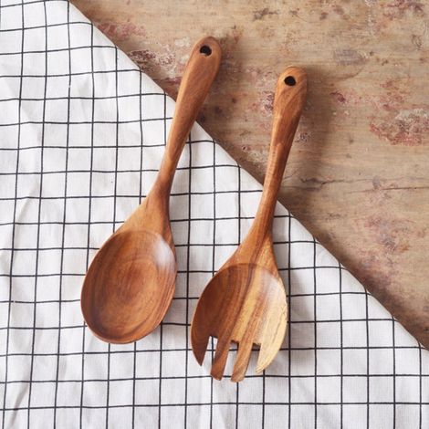 Lot de 2 cuillères et fourchettes en bois pour salade, ustensiles de cuisine (1/5)