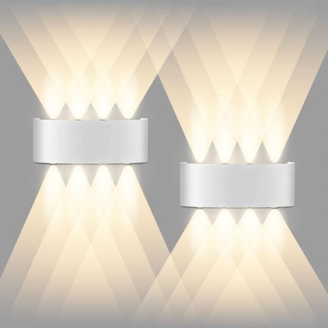 Dos apliques LED de pared de 8 vatios, para interior y exterior, con bombillas de luz blanca cálida IP65 de 3000K, ideales para dormitorios, salas de estar y hoteles. (1/4)