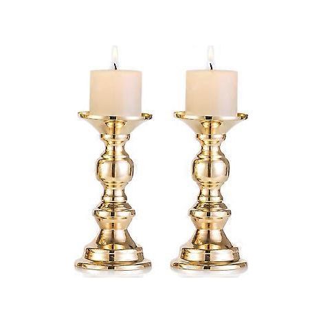 Set mit 2 goldenen Metall-Säulenkerzenhaltern für 50-mm-Kerzen, mit Ständer