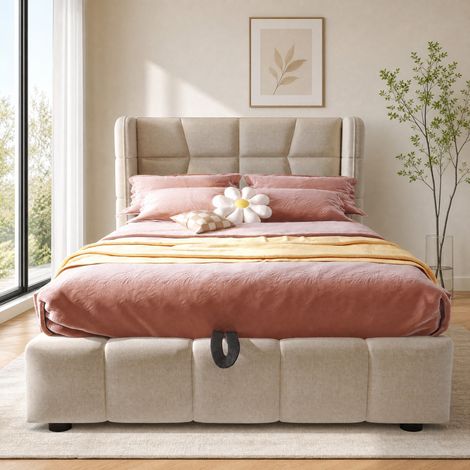Letto contenitore 90 x 200 cm con testiera capitonné, sollevamento pneumatico, beige HAVRYA (1/5)