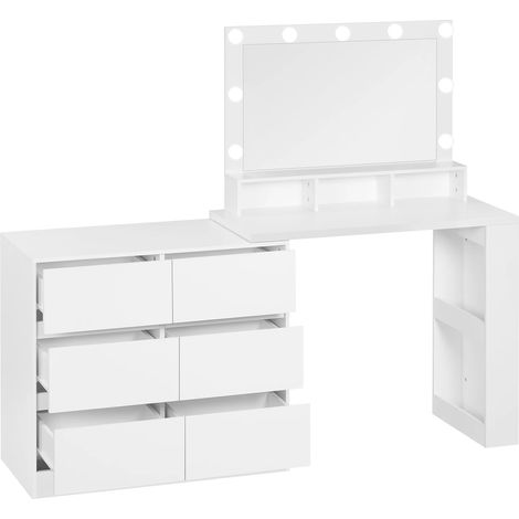 Table multifonction 2 en 1 avec 6 grands tiroirs, coiffeuse design en L, bureau avec éclairage LED réglable (coiffeuse uniquement)