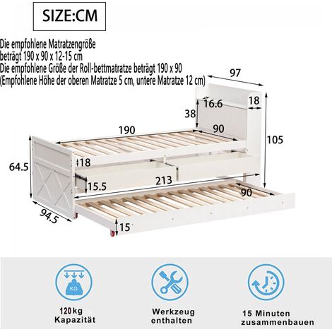 Einzelbett Massivholzbett Kiefer 90x190 Multifunktionales mit ausziehbarer Schublade Lattenrost, Nachttisch mit Ablagen mit USB-Buchse Jugendbett Gästebett Weiß (1/5)