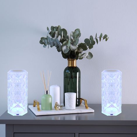 LED Tischlampe dimmbar Touch Tischleuchte Wohnzimmerlampe Kristall Nachttischlampe Akkuleuchte, USB Kabel, RGBW Farben, DxH 7,3 x 15,8 cm, 2er Set