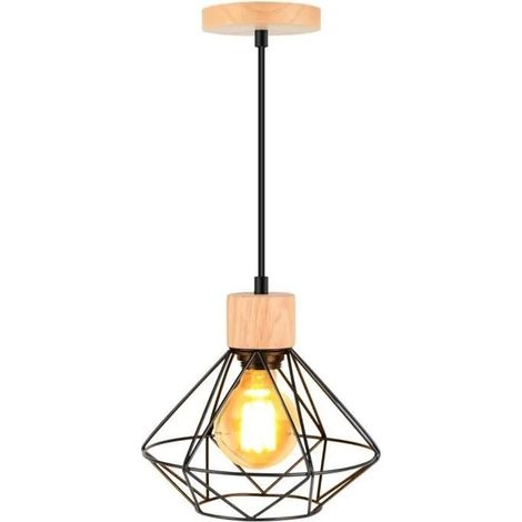 U-Do Lustre Vintage Lampe Cage en Fer Bois design Créatif Industriel Suspension Luminaire Ajustable pour Chambre Cuisine Bureau (1/4)