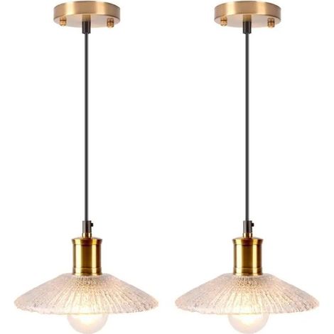 2pcs Lustre Suspension Moderne en Verre,20cm Lampe de Plafond Industriel en Finition en Laiton Dor Abat-jour Design Chapeau (1/5)