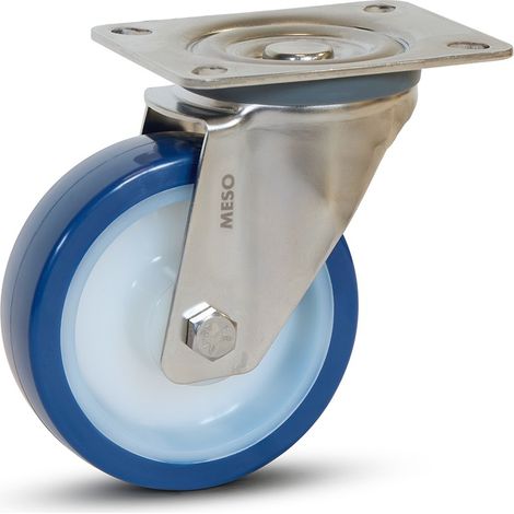 Roulette pivotante - MESO - PU bleu inox - Platine - 100mm - 180kg (1/2)