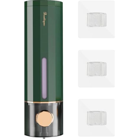 Distributeur mural autocollant 450 ml vert, avec 3 adhésifs, pour savon mains, shampoing, salle de bain ou cuisine (1/5)