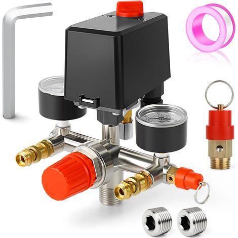 MEANLIN MEASURE Compresseur d'air Pressostat Vanne de régulation 8.3-10.3 BAR/120-150 PSI 110V-240V 1 voie Pièces de rechange Avec manomètre 0-12BAR/0-180PSI et régulateur de collecteur