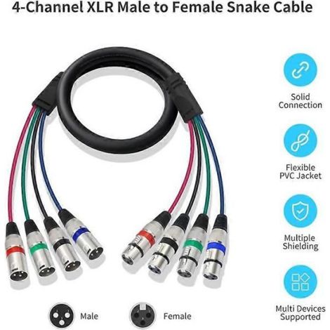 Câble Multipaire XLR - 4 Canaux - Mâle/Femelle - Pour Microphone Et Haut-Parleur - Enregistrement Live Studio - 1 Pièce (1/5)