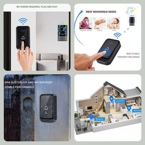 Campanello senza fili, impermeabile IP44, 400 metri, 52 melodie e 4 livelli di volume, kit campanello con ricevitore plug-in, indicatore LED blu (1/3)