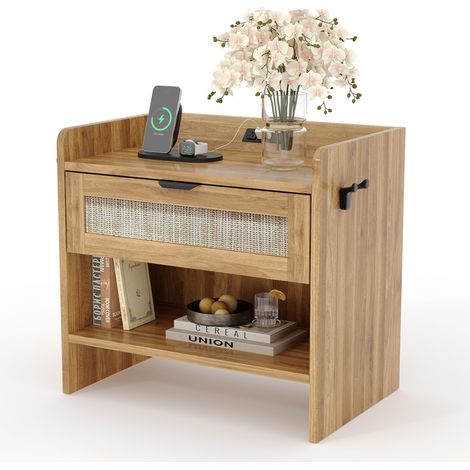 Table de chevet en MDF couleur noyer, 1 tiroir décor effet cannage et étagère ouverte, meuble de rangement chambre, 60 x 39 x 56cm (1/5)
