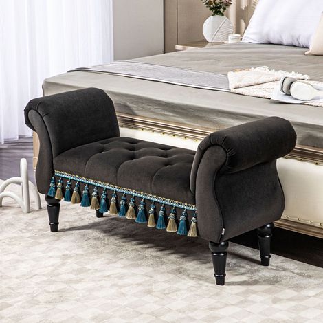 Banc rembourré de chambre vintage gris foncé, 117 x 40 x 58 cm, pieds en bois (1/5)