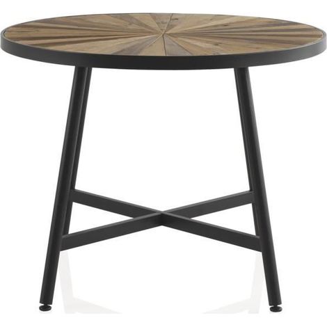 Table à manger ronde en MDF et lattes en sapin naturel et métal coloris noir - Ø 100 x Hauteur 76 -JUANIO (1/4)
