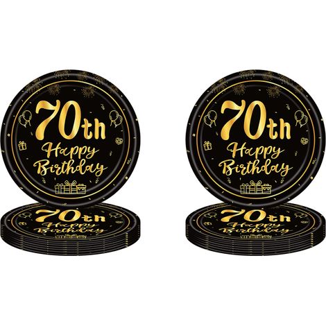 16 PCS Assiette Jetable 7 Pouces,Assiette Anniversaire Noir Gold,Decoration Anniversaire 70 Ans,Assiette Dessert Jetable pour Fêtes Joyeux Anniversaire Decoration,Kit Vaisselle Jetable Anniversaire (1/5)