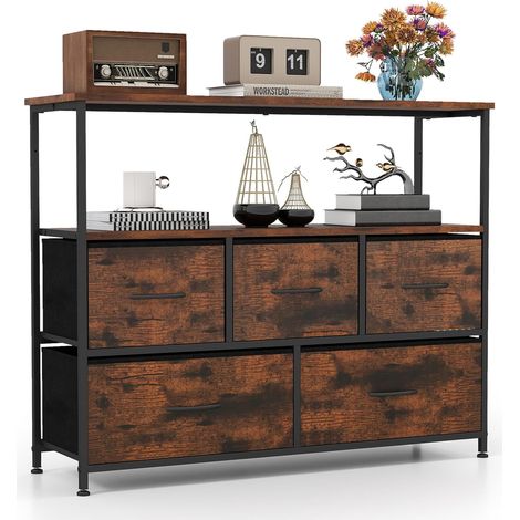 COSTWAY Comò con 5 Cassetti, Cassettiera con 2 Mensole Aperte in Legno e Struttura in Metallo, Unità Organizzatore per Conservazione per Ingresso e Soggiorno, 100×30×80 cm (Marrone) (1/5)
