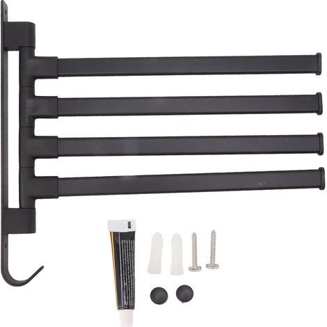 Porte-serviettes pivotant noir, 2 pièces, sans poinçon, porte-serviettes de salle de bains, mural, coin de salle de bains, tige de suspension à 4 bras (1/5)