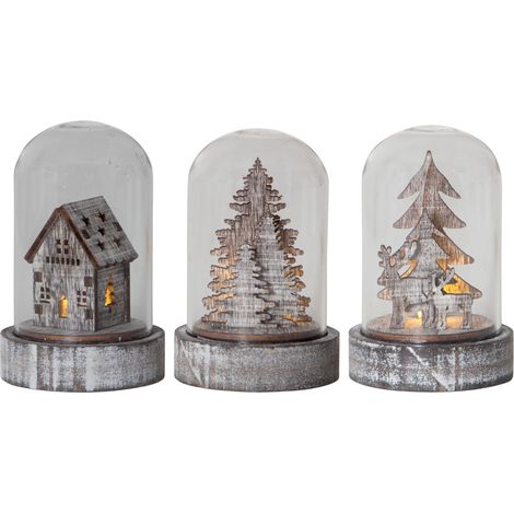 Star Trading Lot de 3 coupoles en verre LED de Star Trading, dômes décoratifs blanc chaud, décoration de Noël à piles en verre et bois, marron, hauteur : 8,5 cm (1/5)
