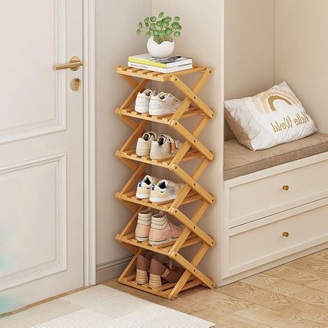 Zapatero plegable, organizador vertical de zapatos de bambú, alto para espacios pequeños, para recibidor, dormitorio, pasillo, color madera, 6 niveles (1/4)