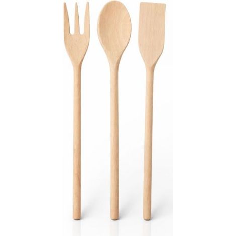 Set Utensili Cucina in Legno Naturale 3 Mestoli Antigraffio 31 cm per Pentole