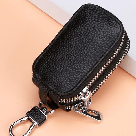 (noir) Sac Porte-cls De Voiture - Porte-monnaie De Protection En Cuir Double Fermeture Clair - Porte-cls Avec Fentre Transparente Pochette Pour C (1/5)