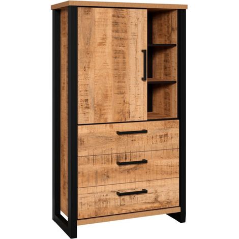 Enna Vitrinenschrank 1 Tür, 3 Schubladen, 3 Regale Mango-Dekor.