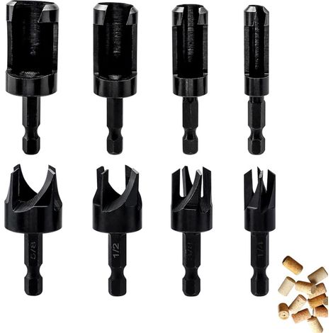8 Stück Dübel Zapfenbohrer Set mit 6,35 mm Sechskantschaft Holz Plug Cutter Bohrer Set 6mm/10mm/13mm/16mm, Kohlenstoffstahl Zapfenschneider Set zum Bohren Loch Holzdübel für Bohrmaschine (1/5)