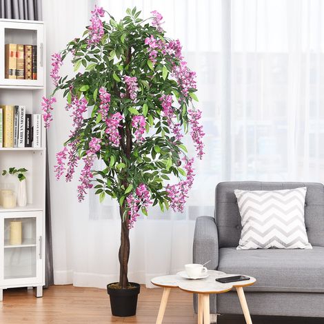 Costway Plante artificielle de 180cm en pot avec fausses fleurs Wisteria Faux arbre avec pot de 17 cm de diamètre Rose (1/5)
