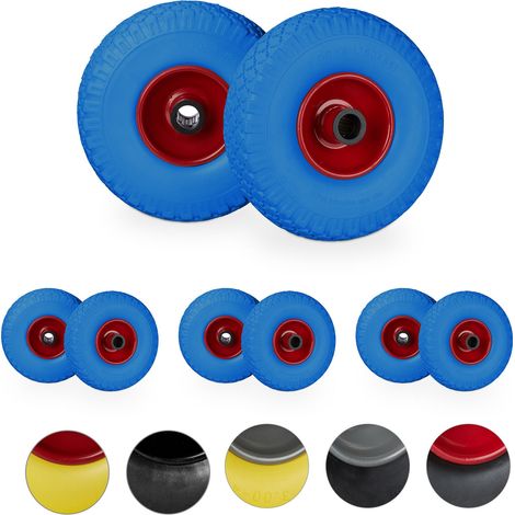 8 x Sackkarrenrad im Set, pannensicher, 3.00-4 Vollgummireifen, Stahlfelge, 25 mm Achse, 100 kg, 260x85mm, blau-rot