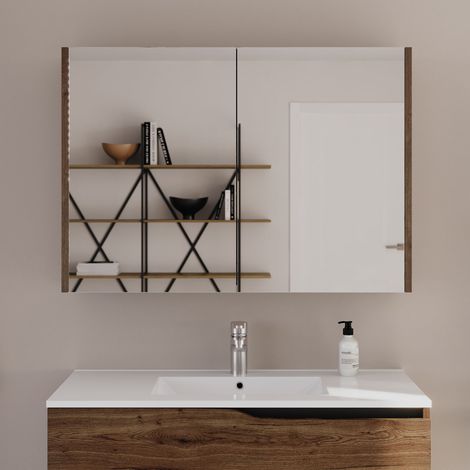Armoire de toilette miroir 90x70cm - tabaco (chêne foncé) - MIRANO (1/5)