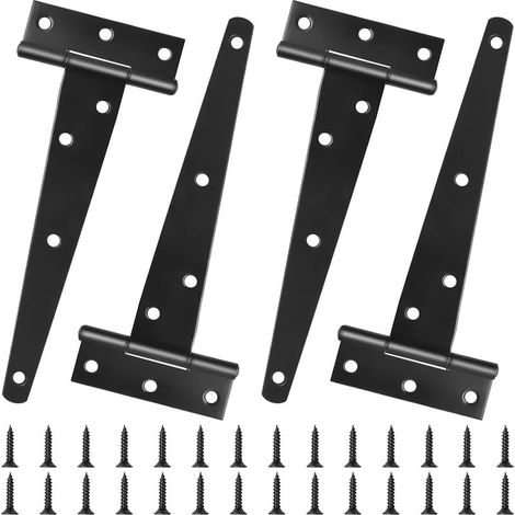 Lot de 4 charnières en T de 150 mm (6 pouces) pour portes en bois extérieures, finition métallique noire, robustes et antirouille, avec vis pour fenêtres, clôtures et portes de cabanon. (1/5)