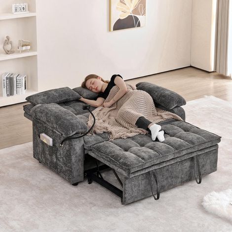 Canapé convertible 3 en 1, 142 cm, dossier inclinable 5 positions, rangements, 2 poches, porte-gobelets et support téléphone 360° - Gris (1/5)