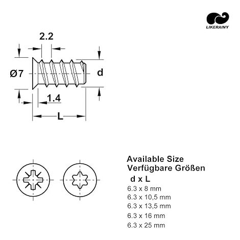 Vis à Euro en Acier 6,3 x 13,5 mm Varianta Fixations pour Meubles avec Filetage Complet Diamètre D'alésage 5 mm Vis Assemblage pour Bois Coulisses de Tiroirs Coulissants (1/4)