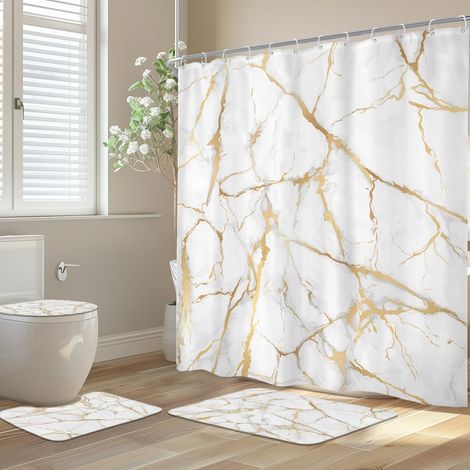 Lot de 4 Rideaux de Douche en marbre Blanc et doré avec Tapis antidérapants, Housse d'abattant de Toilette et Tapis de Bain, Rideau de Douche Moderne Abstrait avec 12 Crochets, Rideau de Bain (1/5)