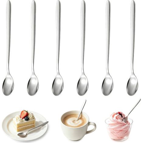 Cucharas, Juego de 6, Acero inoxidable, Aptas para lattes, chocolate caliente, bebidas calientes, postres, helados, etc, Tamaño XL, 18,5 × 2,5 cm (1/5)