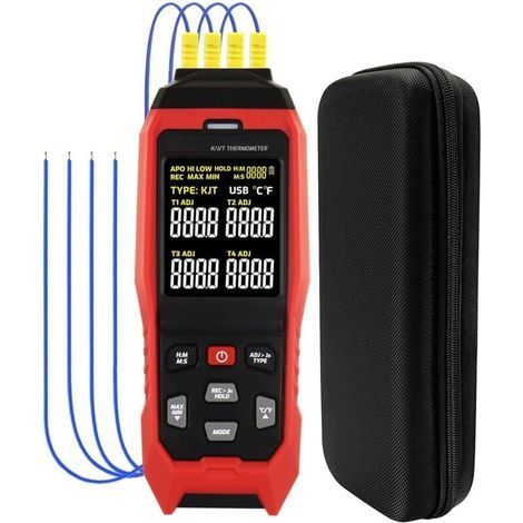 Thermomètre à thermocouple à 4 canaux, thermomètre numérique de type K/J/T avec 5000 groupes de données de température programmables enregistrant dans une plage de -328 1370 °C (1/4)