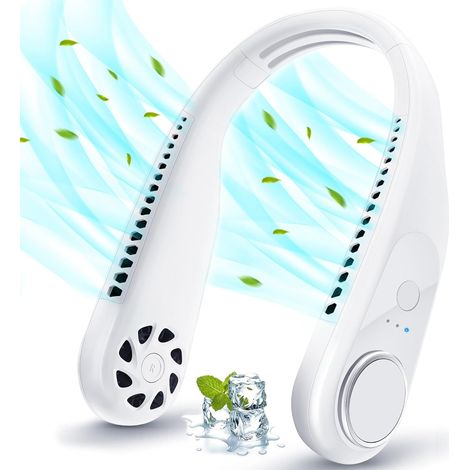 Ventilador de cuello portátil, silencioso, mini ventilador de 5200 mAh, recargable por USB-C, sin aspas, 3 velocidades, funciona con batería para oficina, hogar, viajes y exteriores. (1/5)