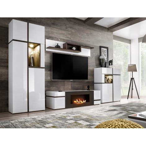 Ensemble meuble TV mural Cross avec cheminée bioéthanol et LED - Bois MDF blanc brillant et orme Perla - 330 x 195 x 50 cm - Livraison gratuite